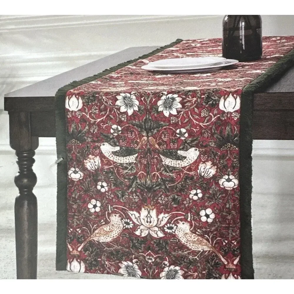 William Morris & Co Strawberry Thief Table Runner Red Olive Green Fringe 16x90”